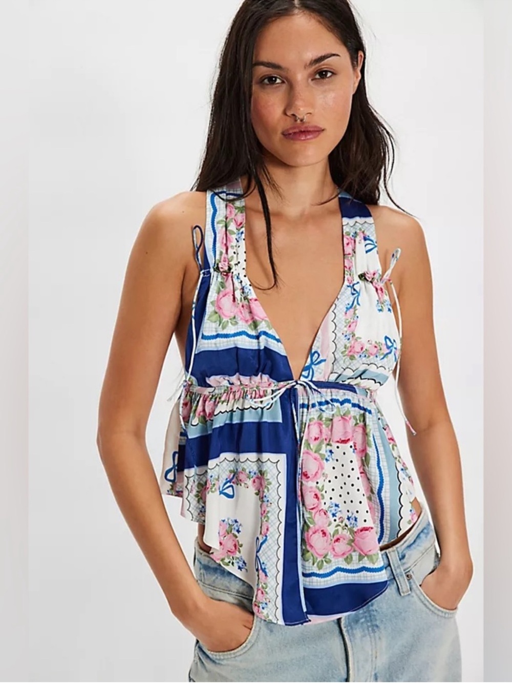 For Love & Lemons Cassandra Top Floral Pattern Bows V Neck Backless Tank Medium